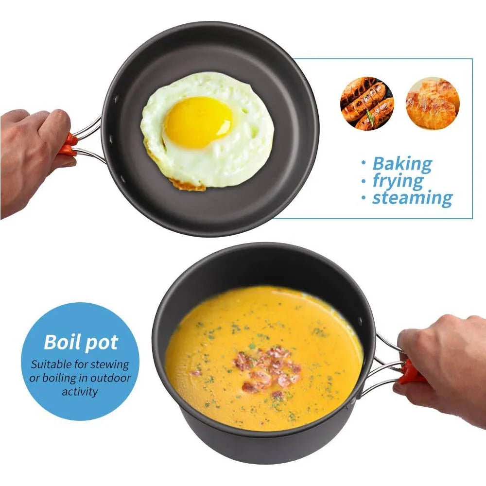 Camping Cookware Set: Non-Stick Pots, Teapot & Tableware for 2-3 People