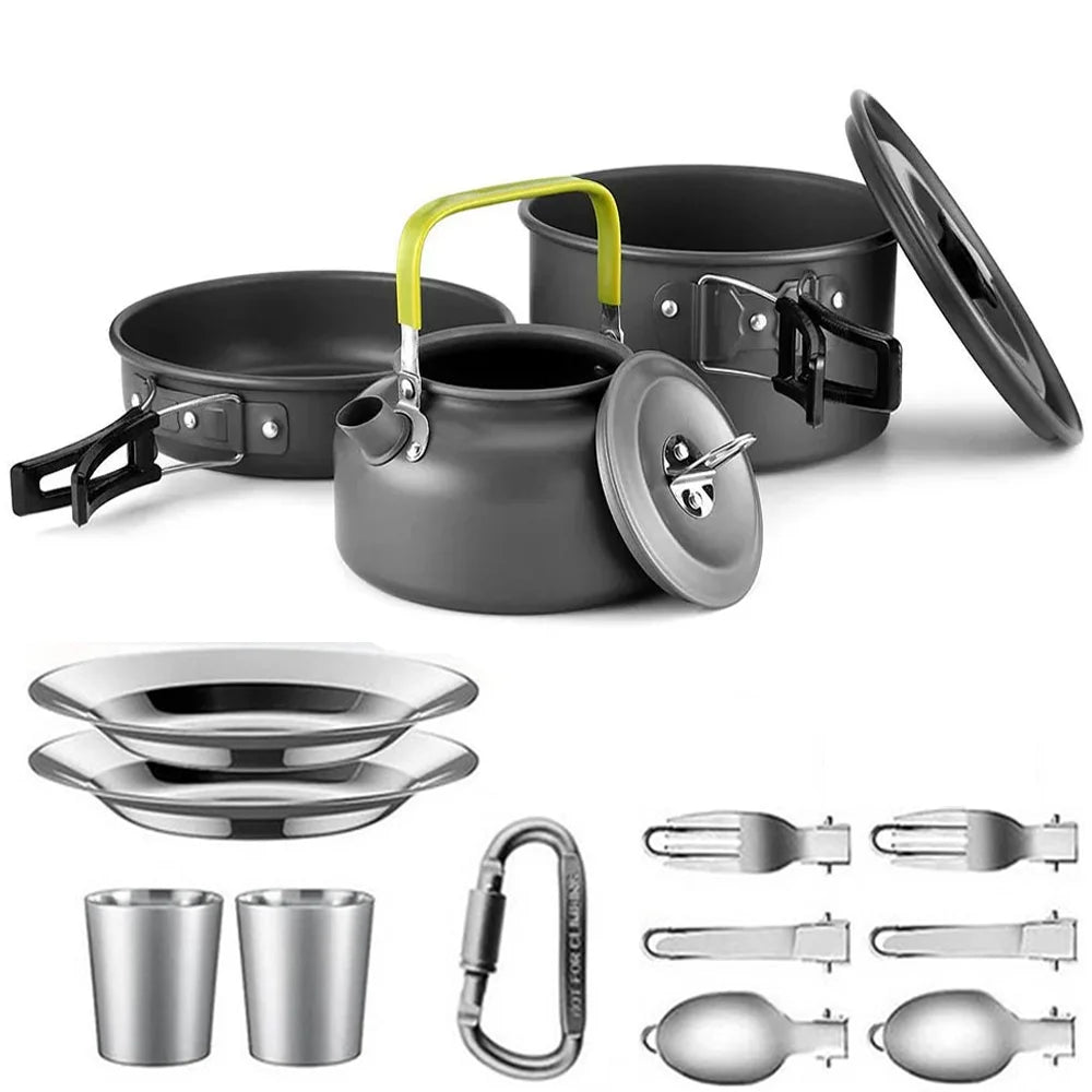 Camping Cookware Set: Non-Stick Pots, Teapot & Tableware for 2-3 People