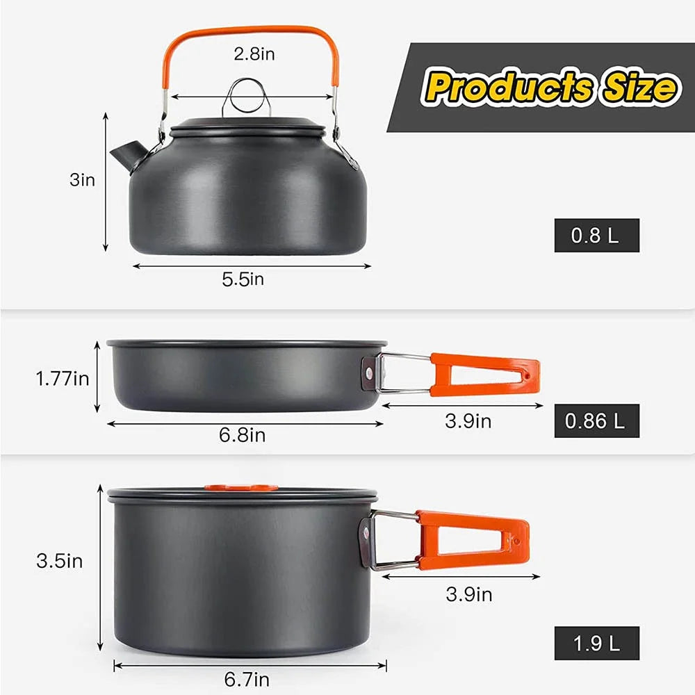 Camping Cookware Set: Non-Stick Pots, Teapot & Tableware for 2-3 People
