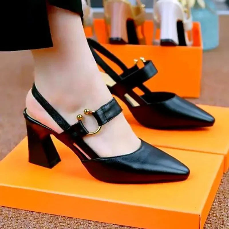 Women Casual Pointed Toe Black Patent Leather Buckle Heel Shoes A102