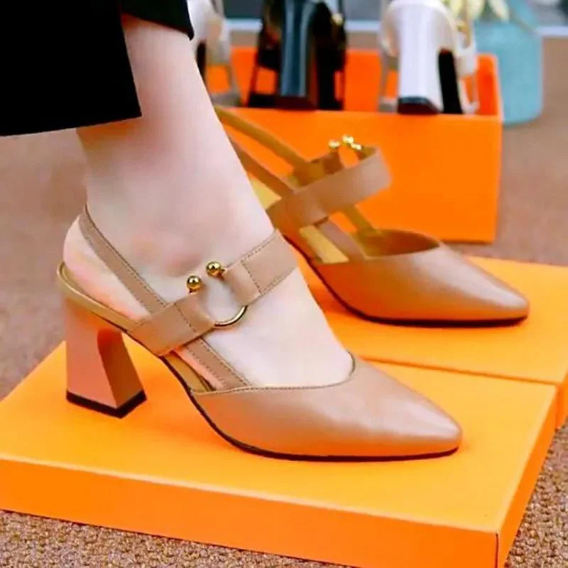 Women Casual Pointed Toe Black Patent Leather Buckle Heel Shoes A102