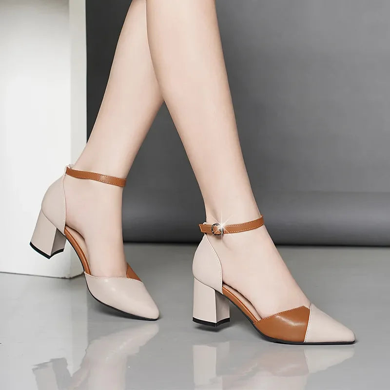 Women Casual Pointed Toe Black Patent Leather Buckle Heel Shoes A102