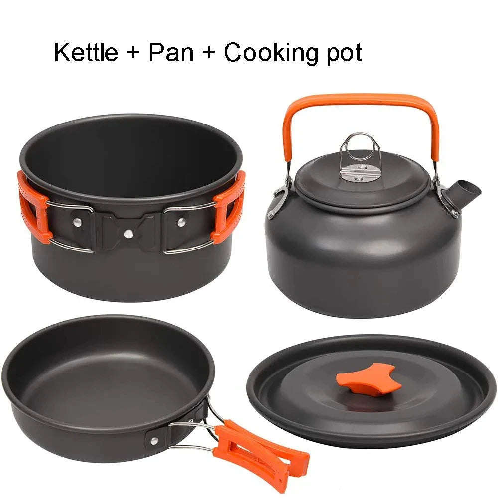 Camping Cookware Set: Non-Stick Pots, Teapot & Tableware for 2-3 People