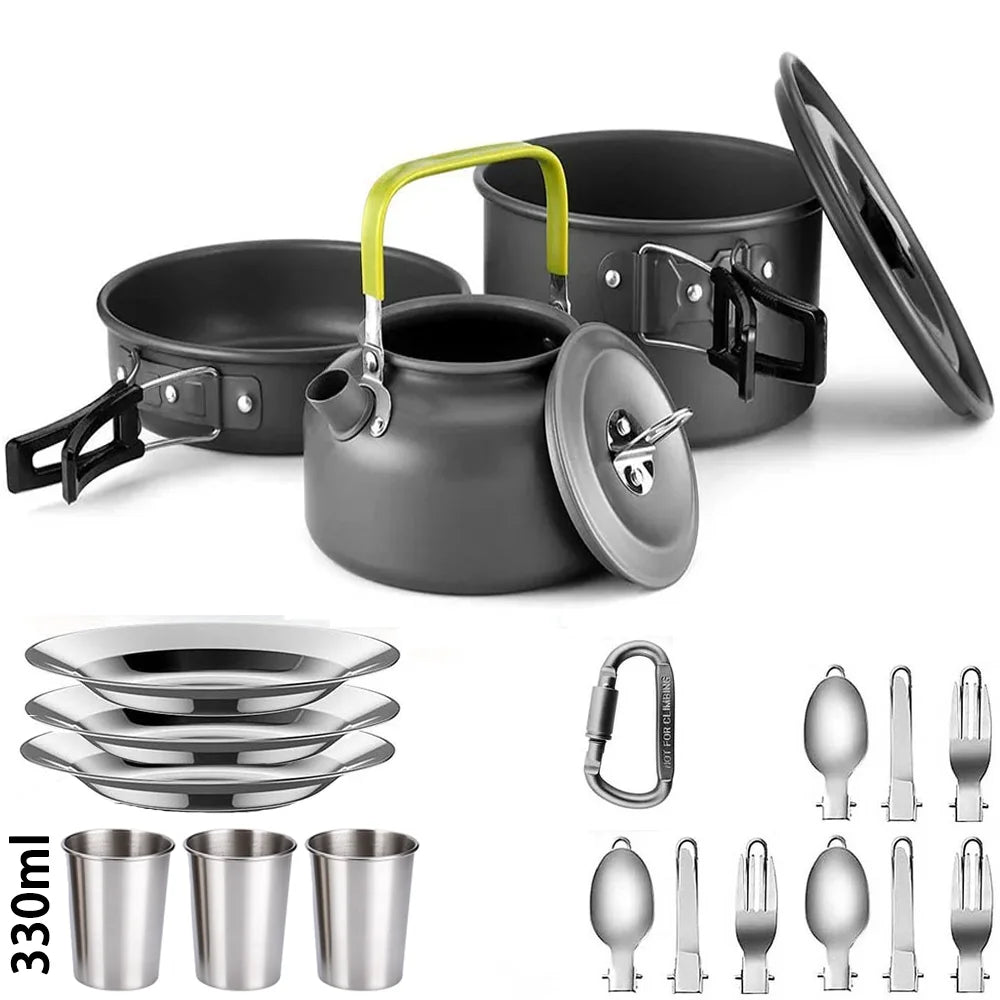 Camping Cookware Set: Non-Stick Pots, Teapot & Tableware for 2-3 People