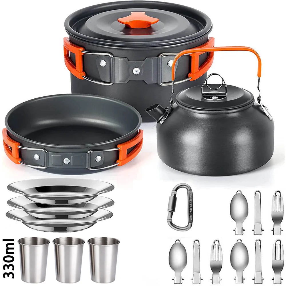Camping Cookware Set: Non-Stick Pots, Teapot & Tableware for 2-3 People