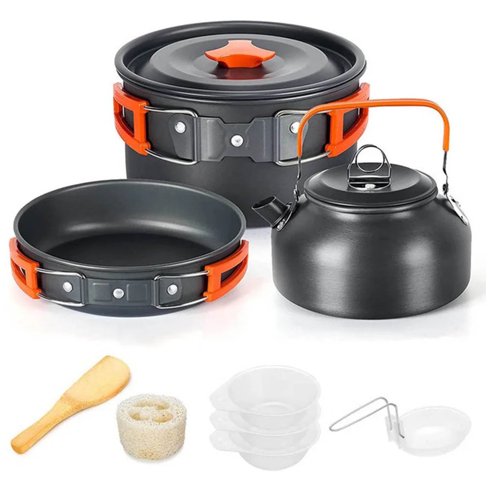 Camping Cookware Set: Non-Stick Pots, Teapot & Tableware for 2-3 People