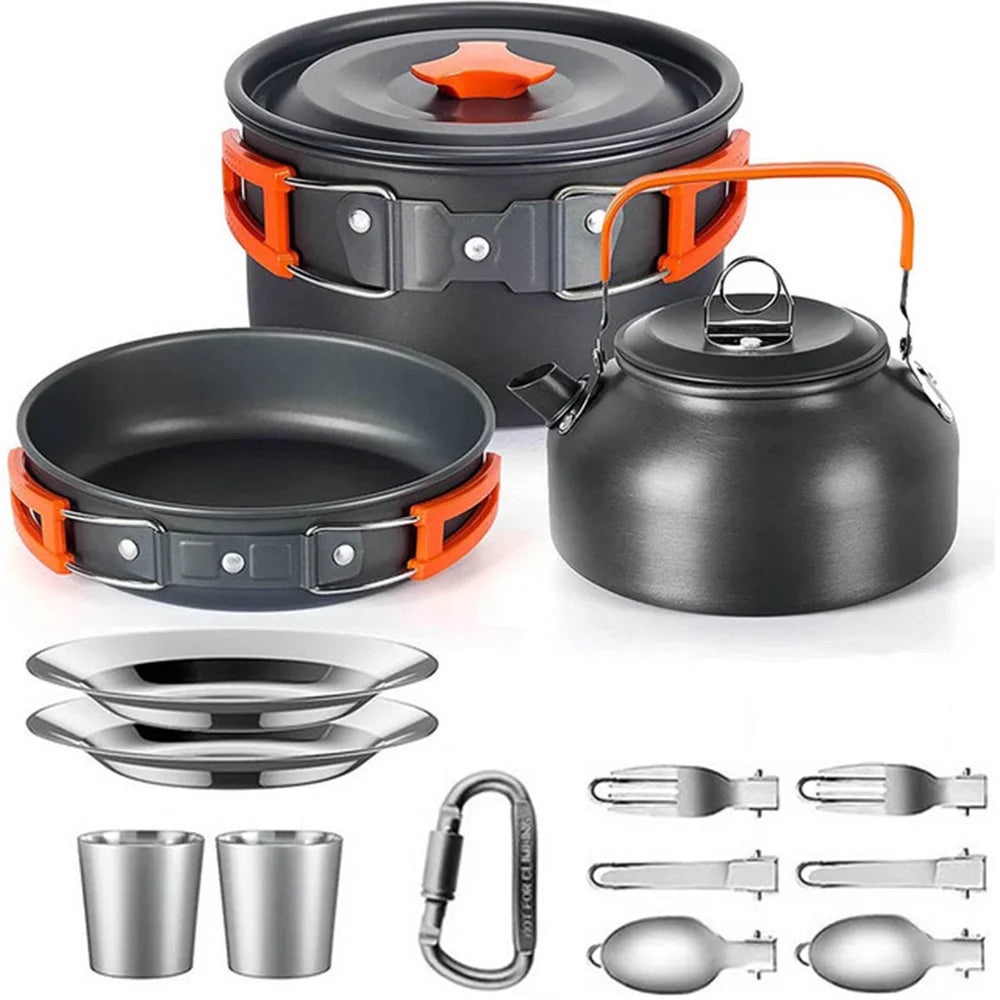Camping Cookware Set: Non-Stick Pots, Teapot & Tableware for 2-3 People