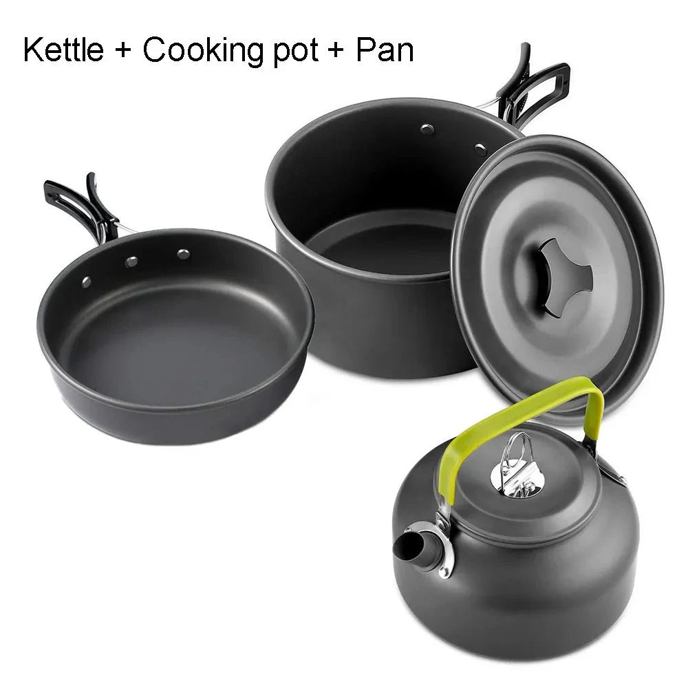 Camping Cookware Set: Non-Stick Pots, Teapot & Tableware for 2-3 People