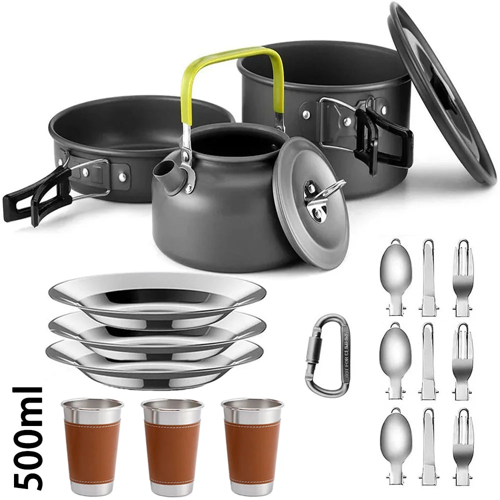 Camping Cookware Set: Non-Stick Pots, Teapot & Tableware for 2-3 People