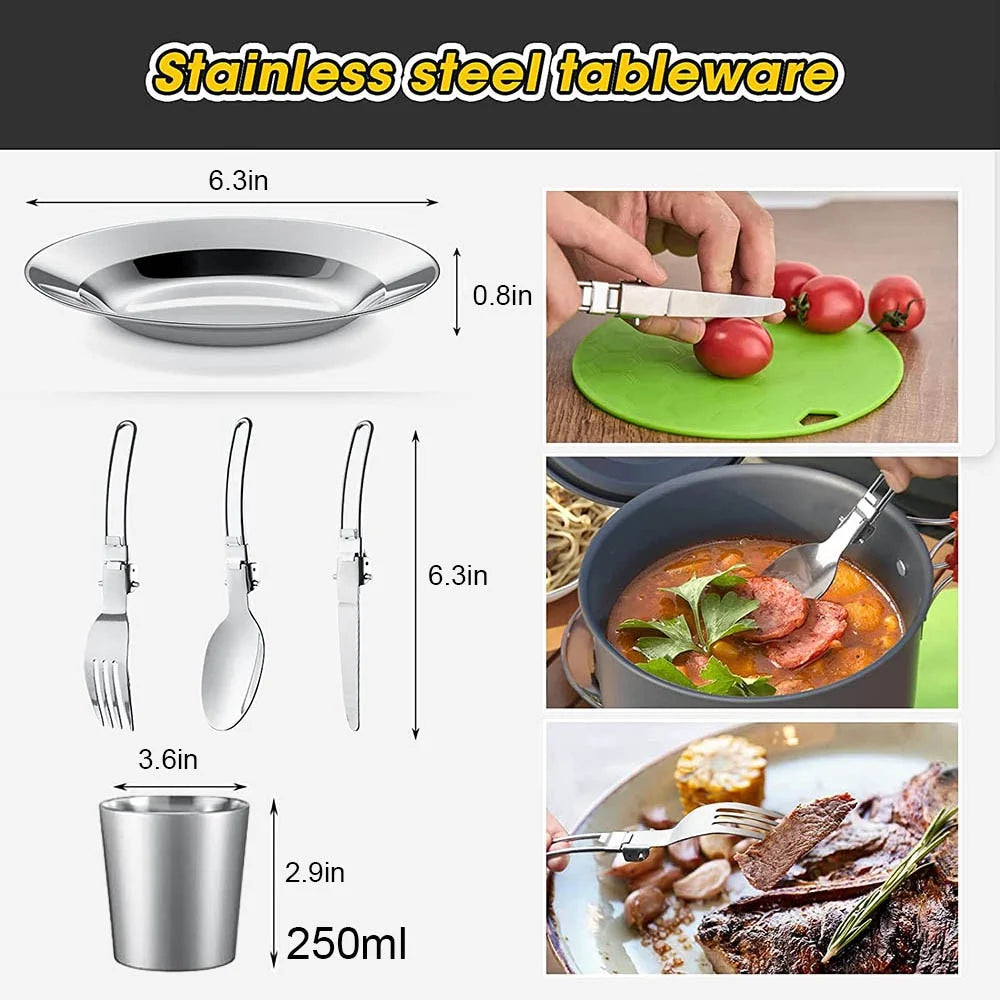 Camping Cookware Set: Non-Stick Pots, Teapot & Tableware for 2-3 People