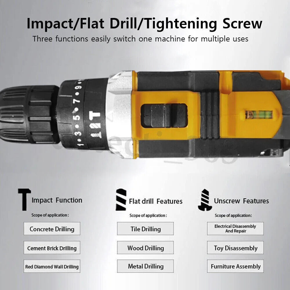 21V Cordless Handheld Impact Drill Electric Screwdriver Driver Power Tool Set with 2 Batteries