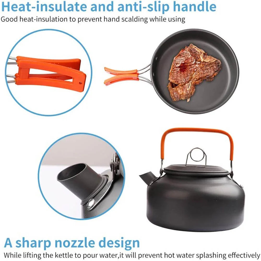 Camping Cookware Set: Non-Stick Pots, Teapot & Tableware for 2-3 People