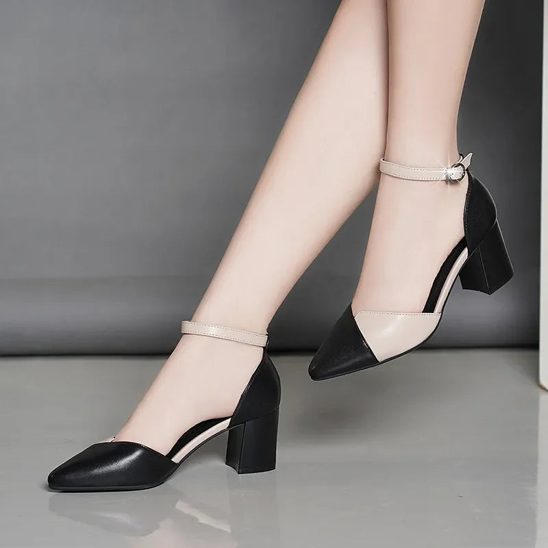 Women Casual Pointed Toe Black Patent Leather Buckle Heel Shoes A102