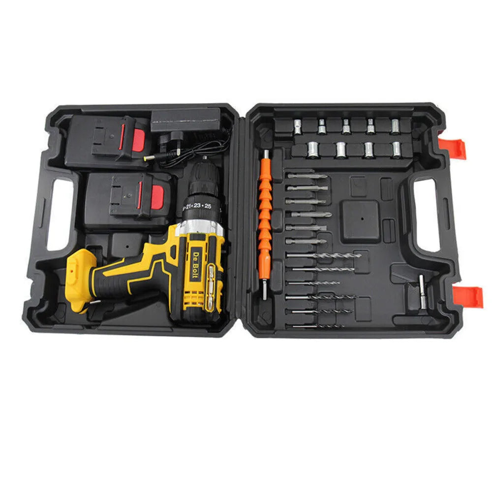 21V Cordless Handheld Impact Drill Electric Screwdriver Driver Power Tool Set with 2 Batteries