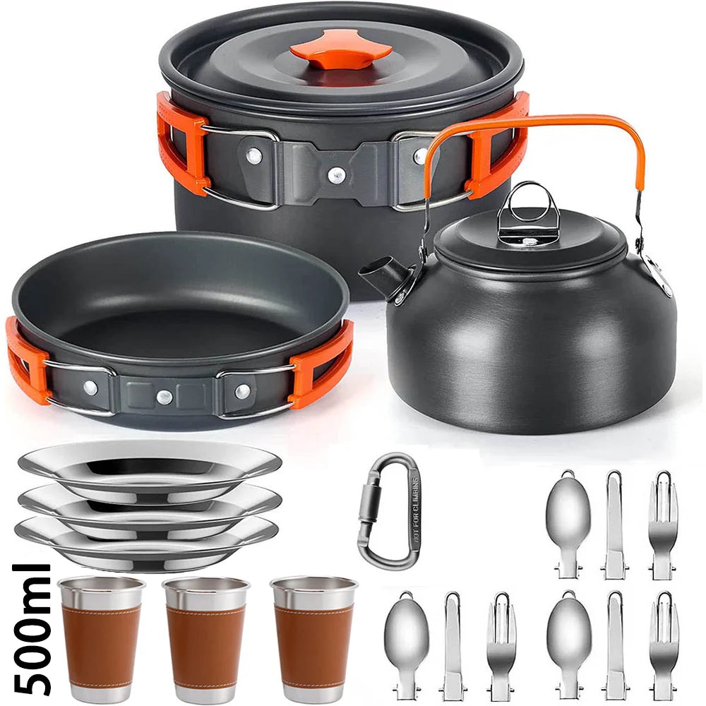 Camping Cookware Set: Non-Stick Pots, Teapot & Tableware for 2-3 People