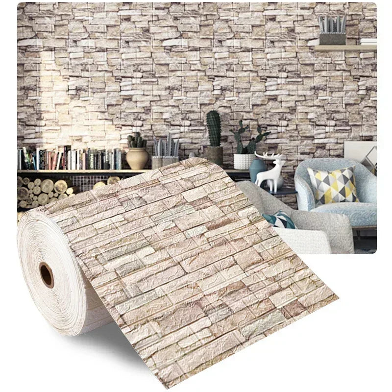 "70cmx1/5/10m 3D Self-Adhesive Foam Brick Wallpaper - Waterproof Wall Sticker"