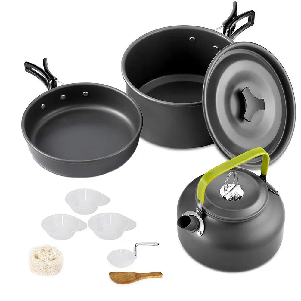 Camping Cookware Set: Non-Stick Pots, Teapot & Tableware for 2-3 People